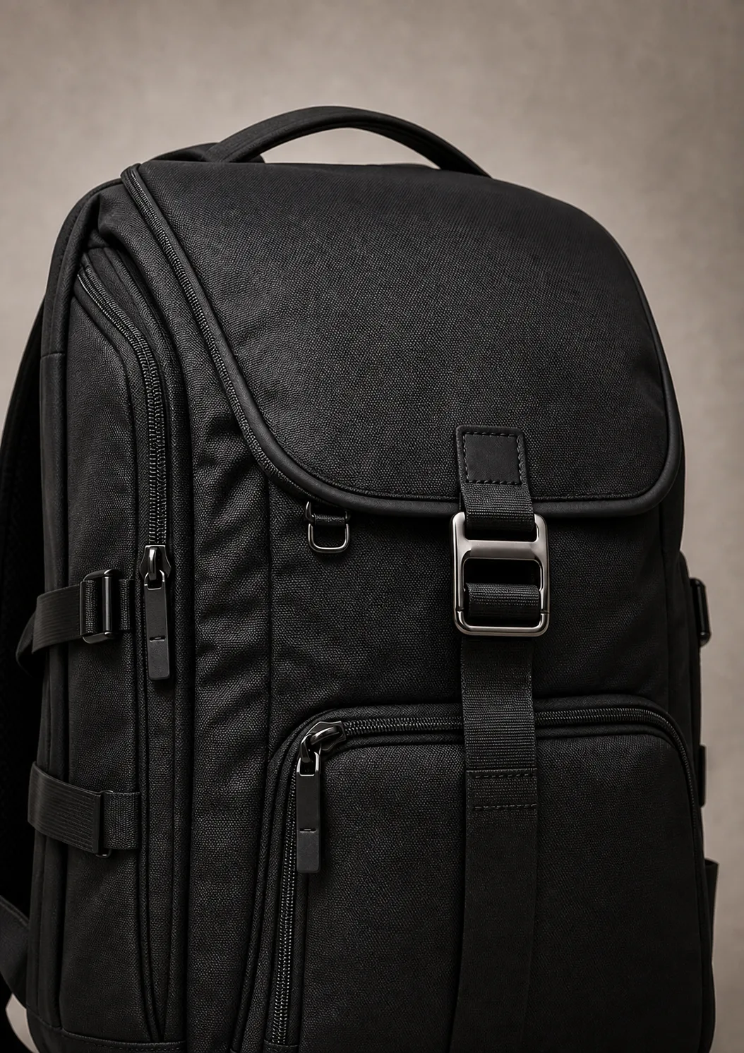 Photorealistic close three-quarter black technical backpack with a polished gunmetal rectangular buckle, woven webbing and zipper seams on a warm-grey studio backdrop