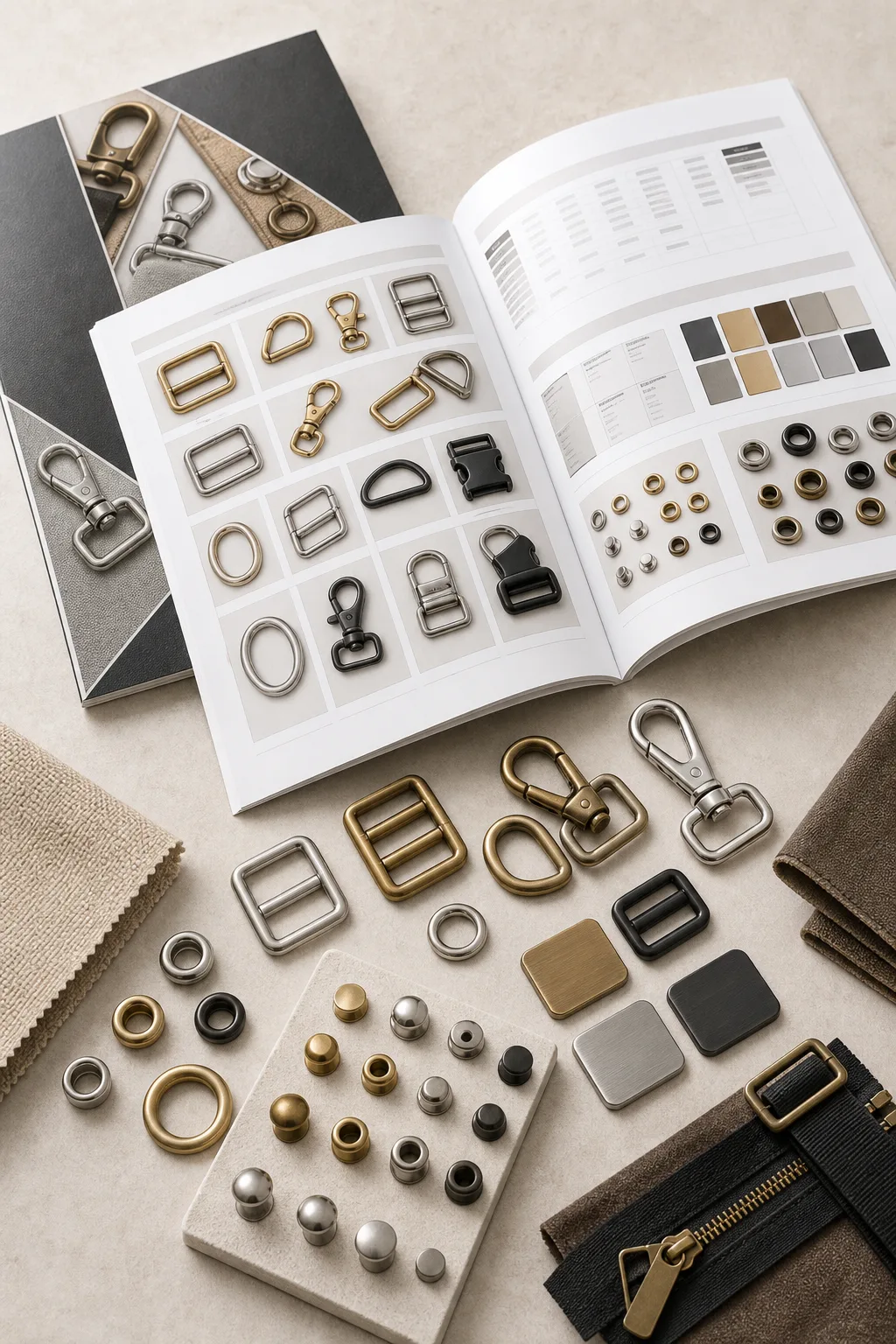 Photorealistic hardware catalog booklet with specification pages and assorted product samples