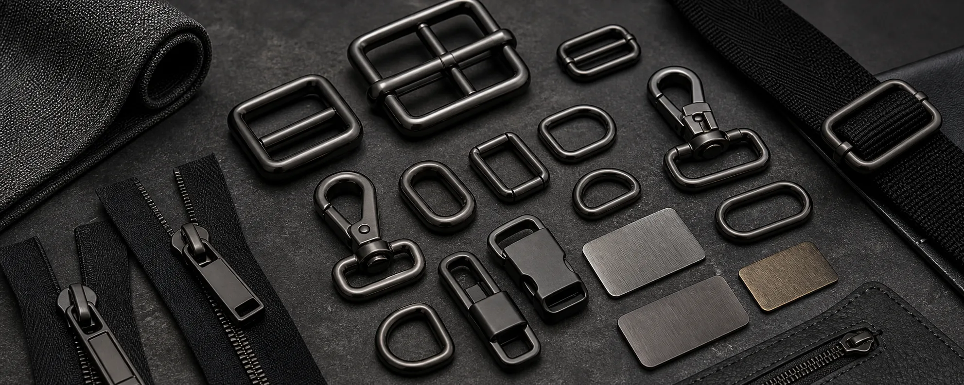 Gunmetal finish samples for bag and garment hardware