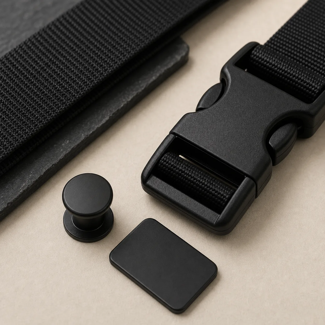 Matte Black finish samples for bag and garment hardware