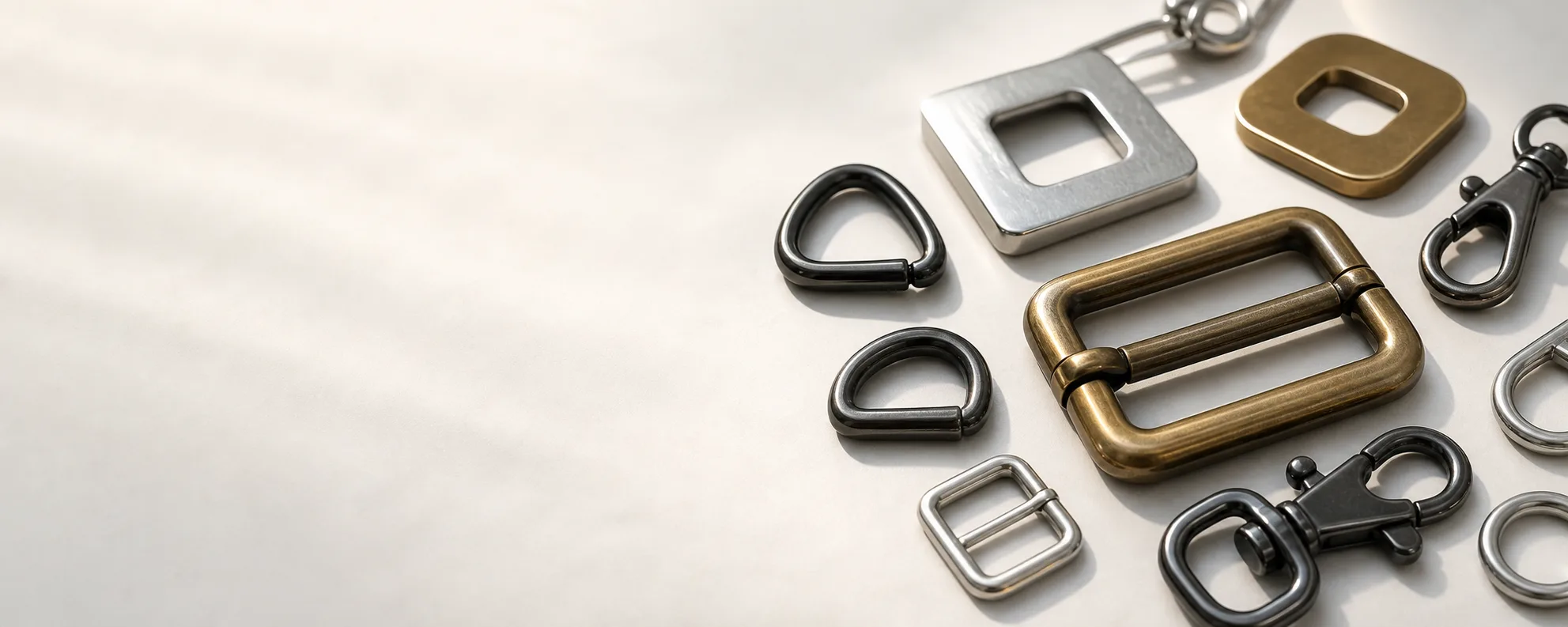 Photorealistic zinc alloy and brass hardware comparison banner with buckles, rings, hooks and finish swatches